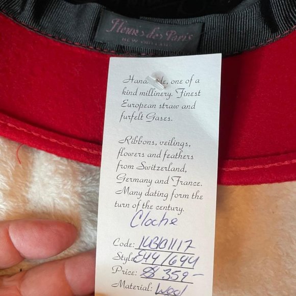 Fleur De Paris New Orleans Womens 1920\'s Cap Hat Signed by Milliner RED NWT main image 5